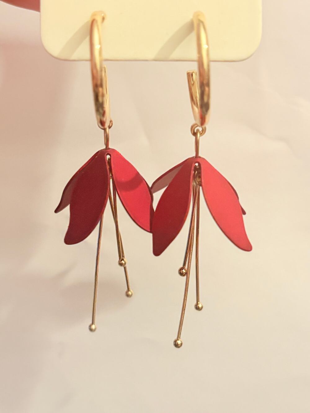 NWT Lovisa Red Floral Dangle Hoop Earrings Gold Tone